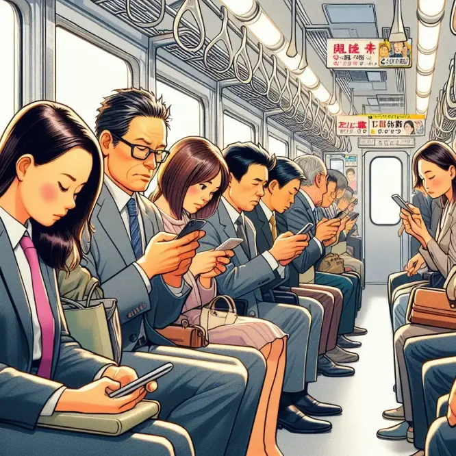 電車の中でスマートフォンをいじる人たち
