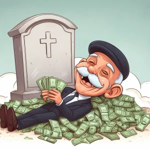 死ぬときに墓石のまわりに大量のお金や札束を遺して亡くなった人の風刺画風の図